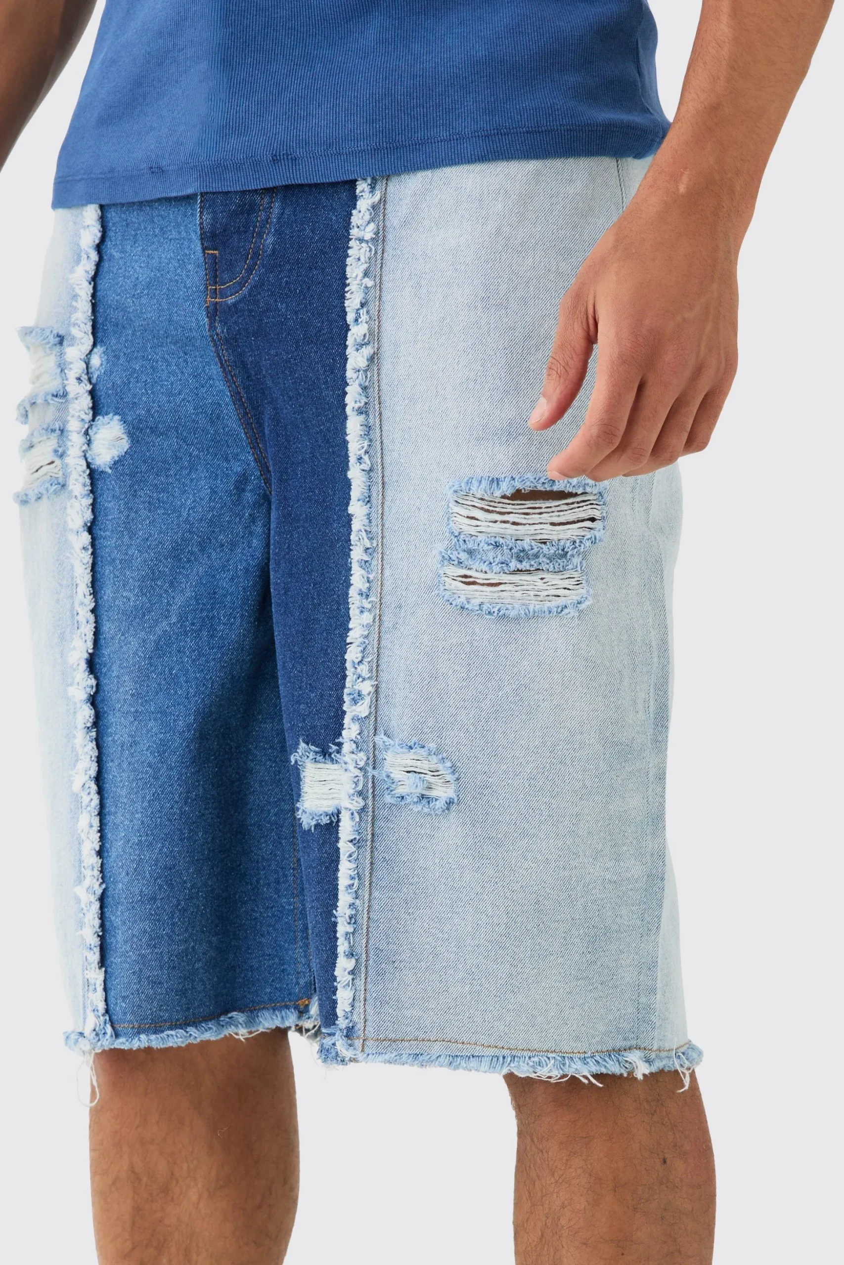 Spliced Distressed Denim Jorts In Blue | BoohooMAN UK