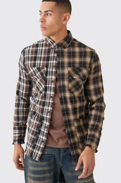 Spliced Frayed Check Shirt | BoohooMAN UK