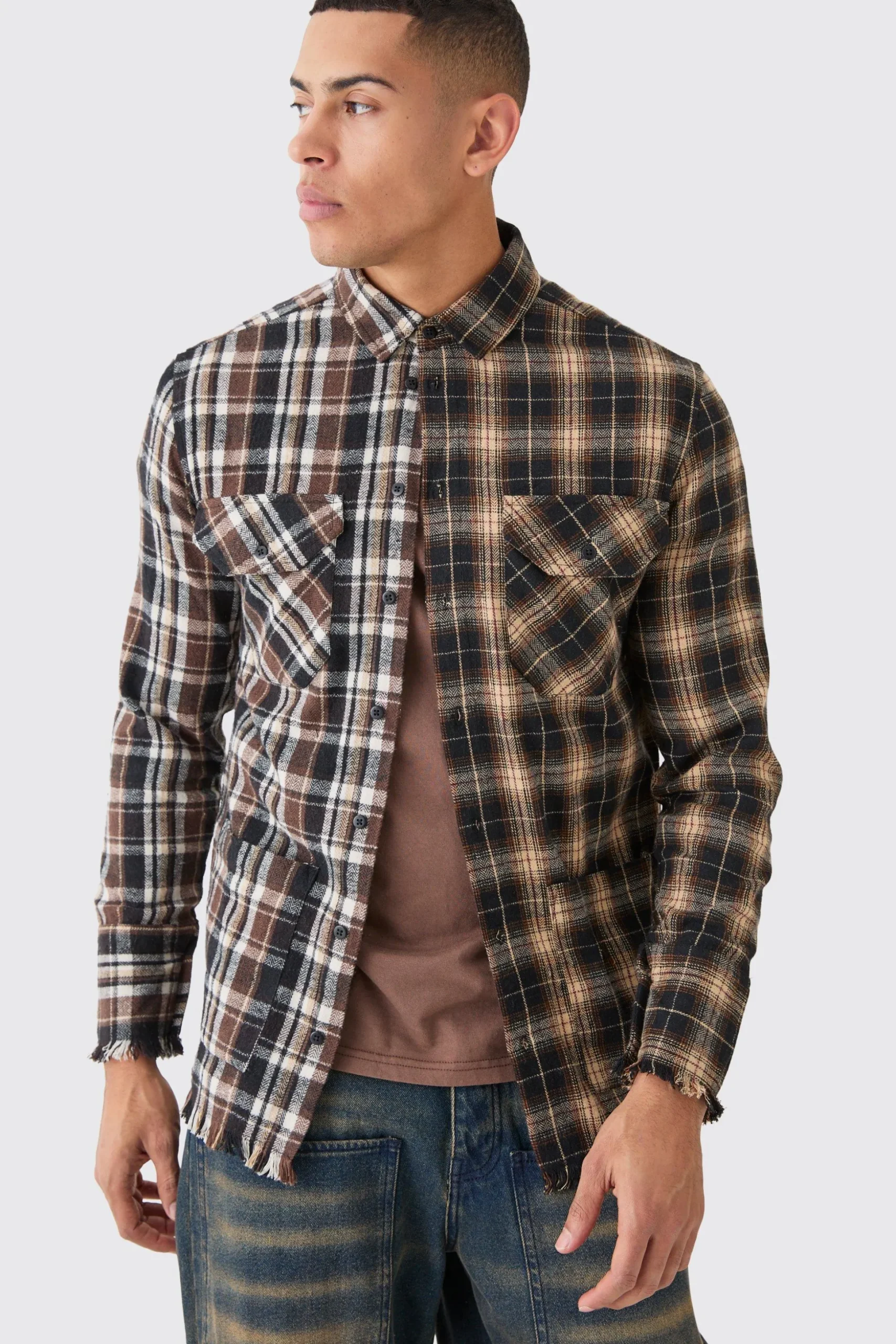 Spliced Frayed Check Shirt | BoohooMAN UK