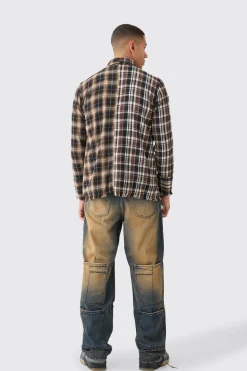 Spliced Frayed Check Shirt | BoohooMAN UK