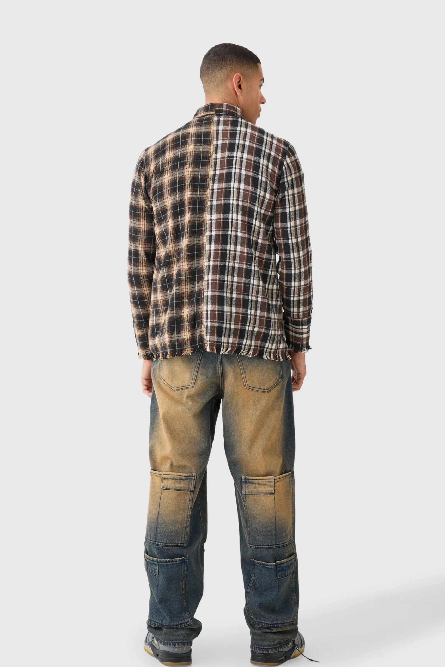 Spliced Frayed Check Shirt | BoohooMAN UK