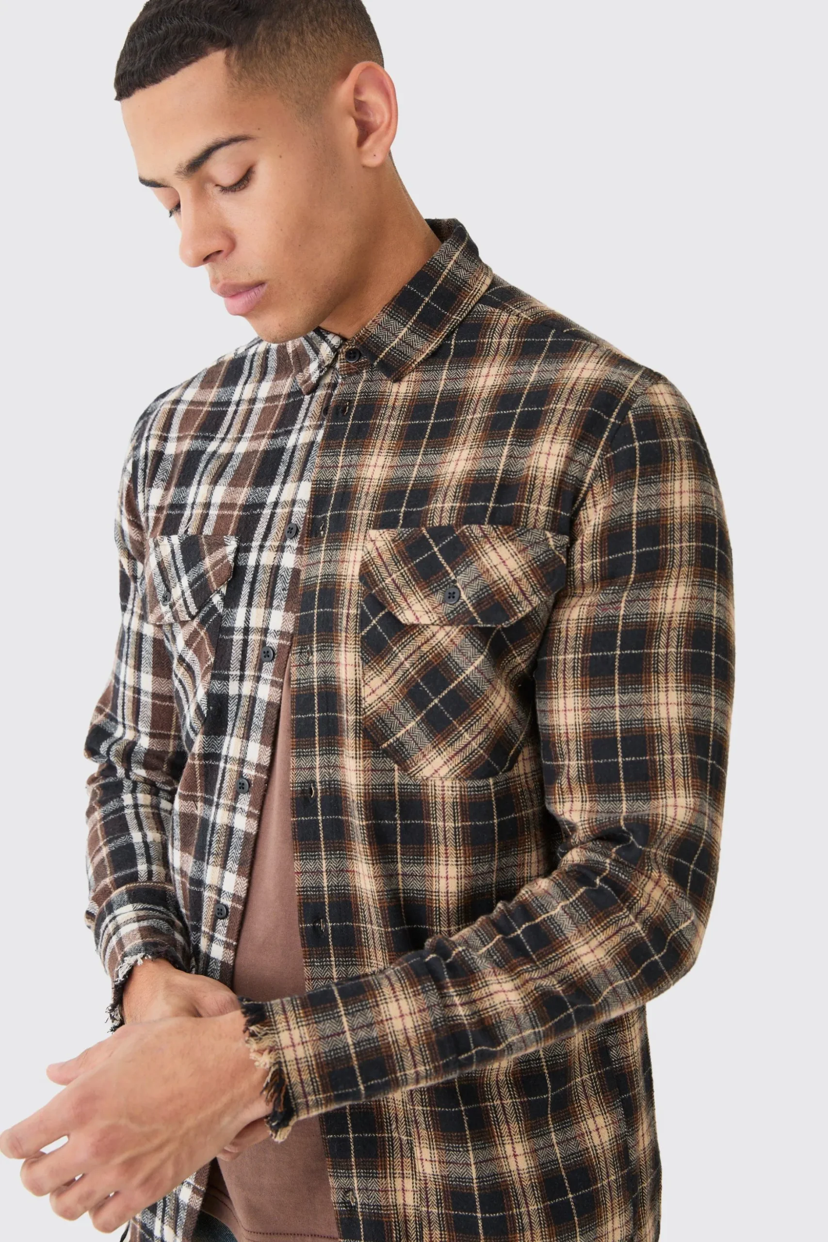 Spliced Frayed Check Shirt | BoohooMAN UK