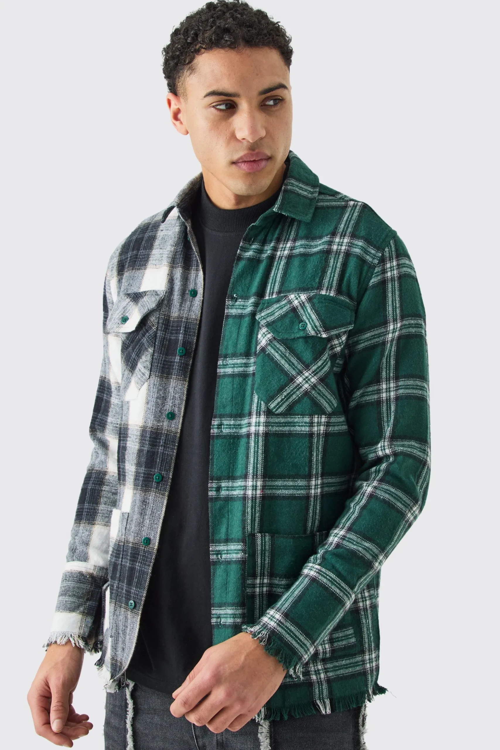 Spliced Frayed Check Shirt | BoohooMAN UK