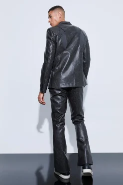 Split Hem Pu Tailored Flared Trousers | BoohooMAN UK