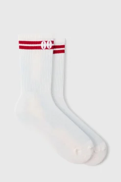 Sports Embroidered Half Terry Stripe Socks In Red | BoohooMAN UK