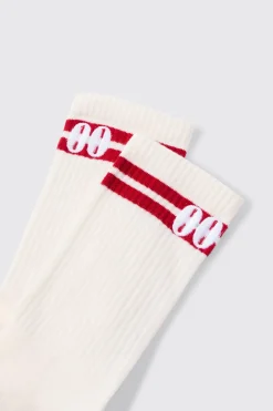 Sports Embroidered Half Terry Stripe Socks In Red | BoohooMAN UK