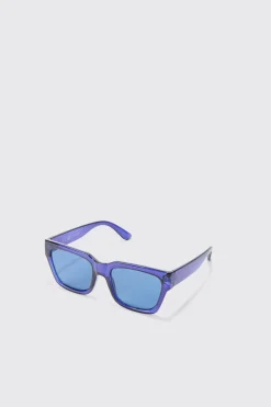Square Plastic Sunglasses In Blue | BoohooMAN UK