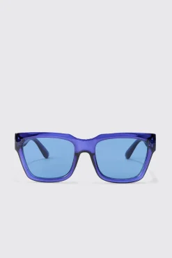 Square Plastic Sunglasses In Blue | BoohooMAN UK