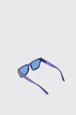 Square Plastic Sunglasses In Blue | BoohooMAN UK