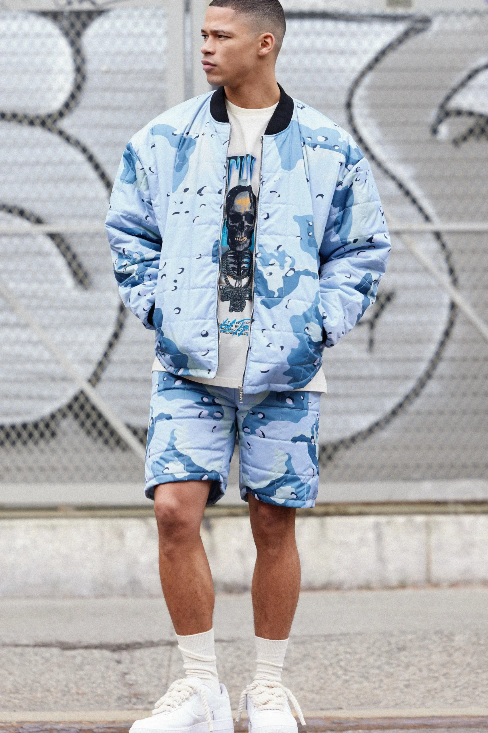 Square Quilted Camo Short & Bomber Jacket Set | BoohooMAN UK