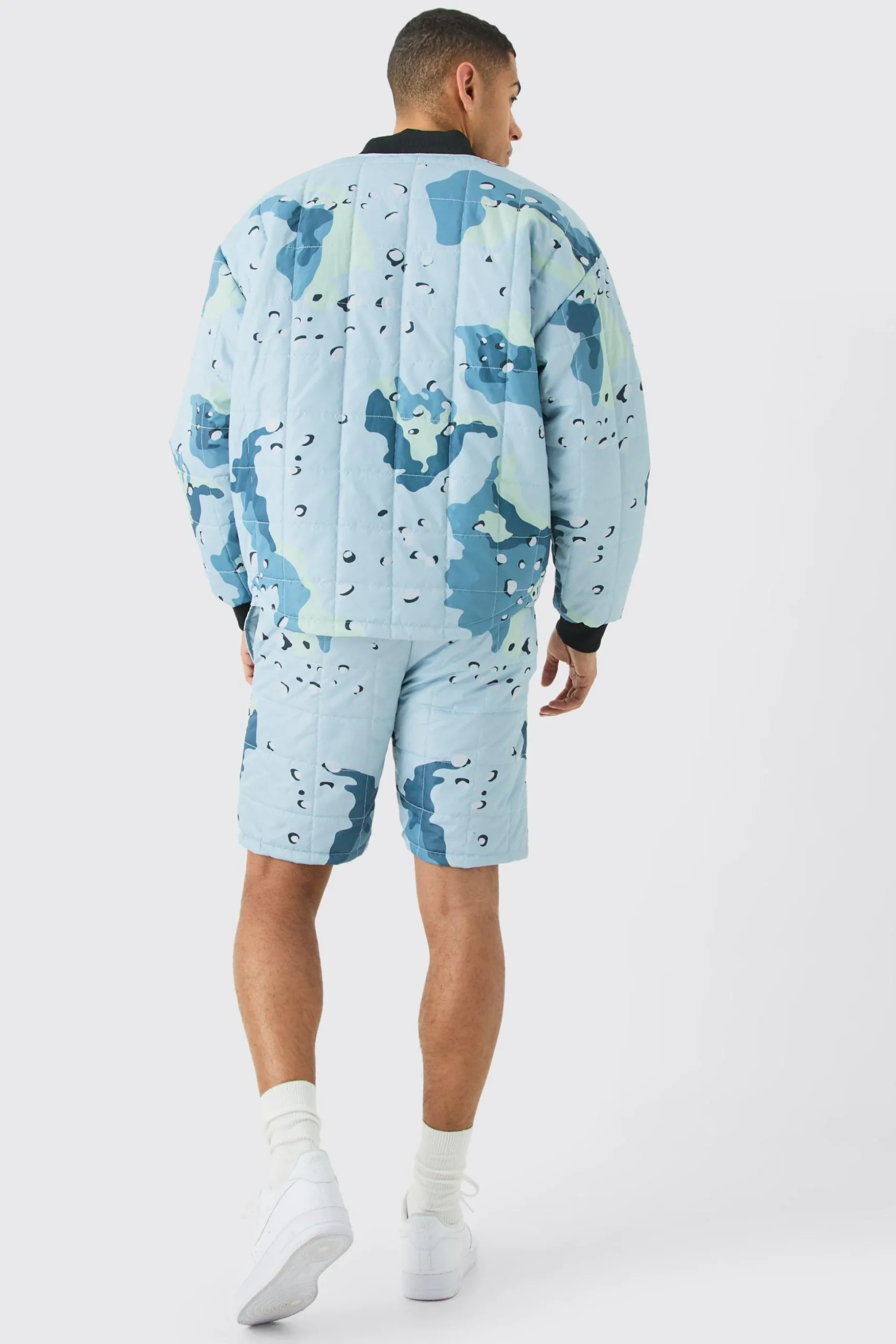 Square Quilted Camo Short & Bomber Jacket Set | BoohooMAN UK