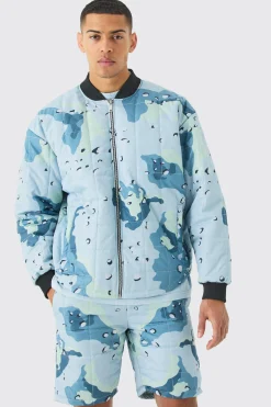 Square Quilted Camo Short & Bomber Jacket Set | BoohooMAN UK
