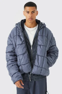 Square Quilted Ruched Puffer | BoohooMAN UK
