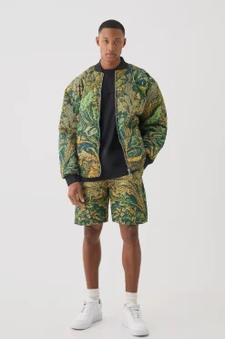 Square Quilted Tapestry Short & Bomber Jacket Set | BoohooMAN UK