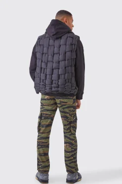 Straight 3d Cargo Camo Ripstop Trouser With Popper Hem | BoohooMAN UK