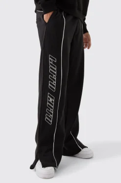 Straight Fit Heavyweight Embroidered Piping Split Hem Jogger | BoohooMAN UK