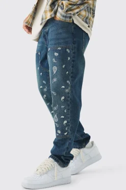 Straight Leg Antique Carpenter Paisley Embroidered Jeans | BoohooMAN UK