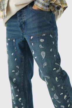 Straight Leg Antique Carpenter Paisley Embroidered Jeans | BoohooMAN UK