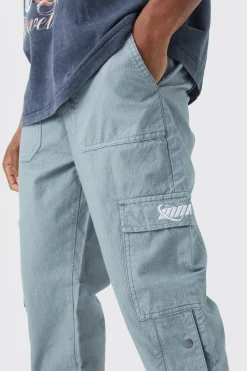 Straight Leg Cargo Popper Hem Ripstop Branded Trouser | BoohooMAN UK