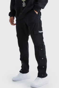 Straight Leg Cargo Popper Hem Ripstop Branded Trouser | BoohooMAN UK