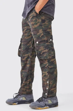 Straight Leg 3d Multi Cargo Camo Trouser With Popper Hem | BoohooMAN UK