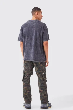 Straight Leg 3d Multi Cargo Camo Trouser With Popper Hem | BoohooMAN UK
