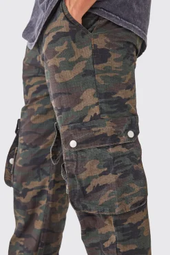 Straight Leg 3d Multi Cargo Camo Trouser With Popper Hem | BoohooMAN UK