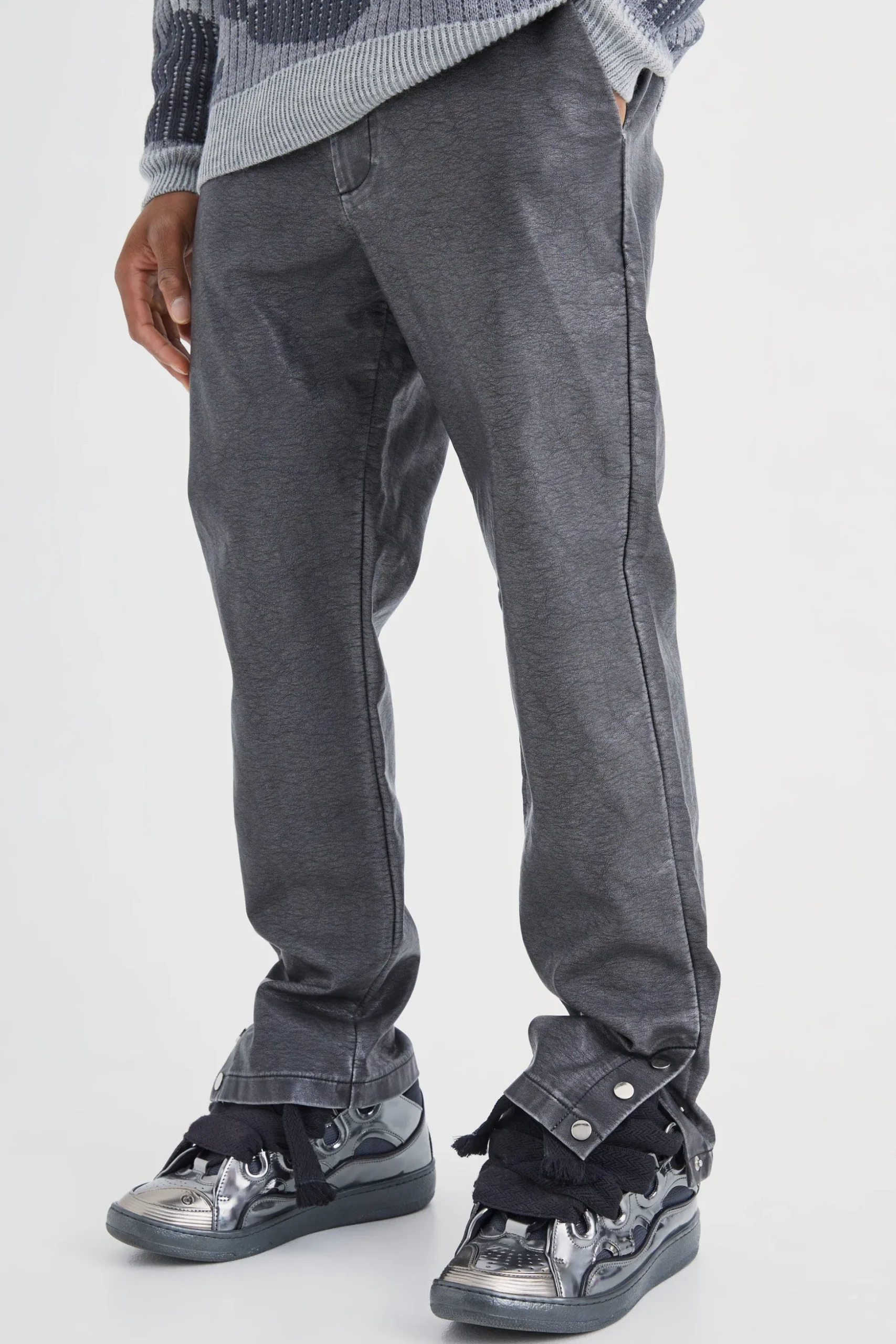 Straight Leg Popper Hem Pu Trouser | BoohooMAN UK