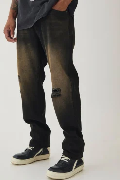 Straight Leg Rigid Ripped Knee Brown Tinted Jeans | BoohooMAN UK