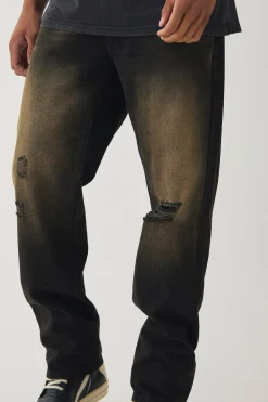 Straight Leg Rigid Ripped Knee Brown Tinted Jeans | BoohooMAN UK