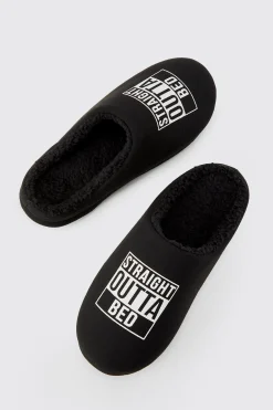 Straight Outta Bed Print Slippers | BoohooMAN UK