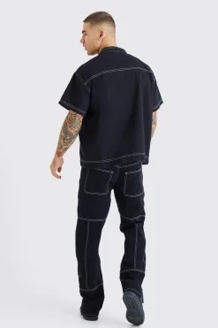 Straight Rigid Contrast Stitch Zip Hem Jeans | BoohooMAN UK