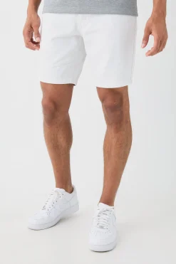 Straight Rigid Denim Shorts With Woven Label | BoohooMAN UK
