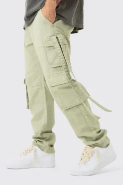 Straight Rigid Multi Pocket Overdye Cargo Jean In Khaki | BoohooMAN UK