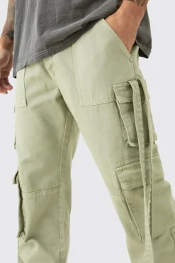 Straight Rigid Multi Pocket Overdye Cargo Jean In Khaki | BoohooMAN UK