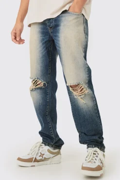 Straight Rigid Washed Blue Ripped Knee Jeans | BoohooMAN UK