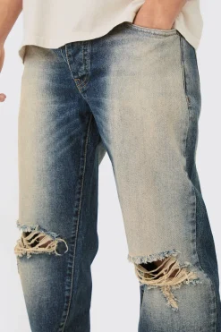 Straight Rigid Washed Blue Ripped Knee Jeans | BoohooMAN UK