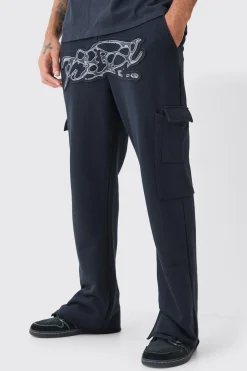 Straight Split Hem Heavy Distressed Applique Joggers | BoohooMAN UK