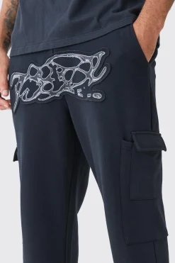 Straight Split Hem Heavy Distressed Applique Joggers | BoohooMAN UK
