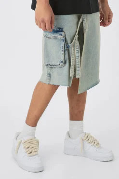 Strap Overlayed Denim Cargo Jorts In Light Blue | BoohooMAN UK