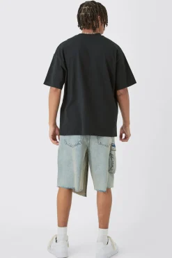 Strap Overlayed Denim Cargo Jorts In Light Blue | BoohooMAN UK