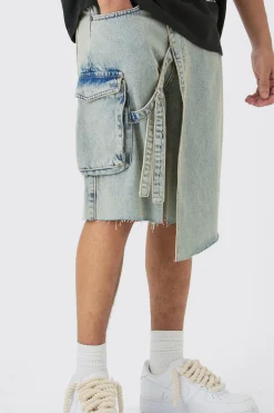 Strap Overlayed Denim Cargo Jorts In Light Blue | BoohooMAN UK