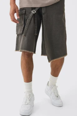 Strap Overlayed Denim Cargo Jorts | BoohooMAN UK