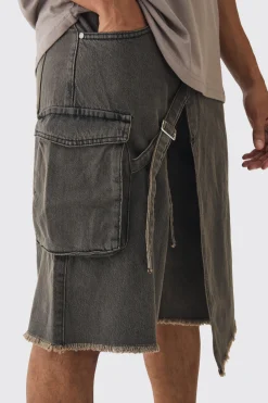 Strap Overlayed Denim Cargo Jorts | BoohooMAN UK