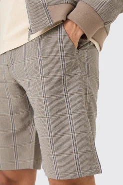 Stretch Textured Check Fixed Waist Shorts | BoohooMAN UK