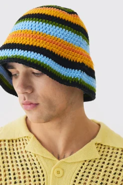 Stripe Crochet Bucket Hat In Black | BoohooMAN UK