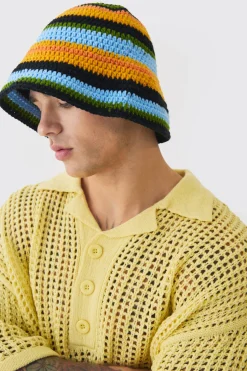 Stripe Crochet Bucket Hat In Black | BoohooMAN UK