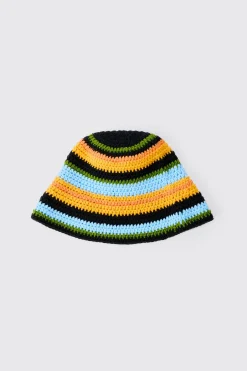 Stripe Crochet Bucket Hat In Black | BoohooMAN UK