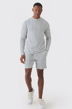 Striped Open Stitch Resort Shirt & Short Set | BoohooMAN UK