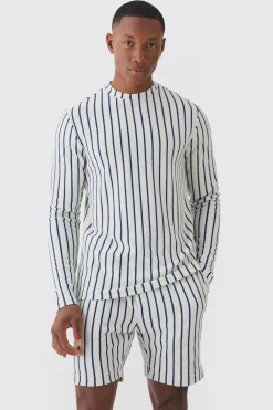 Striped Open Stitch Resort Shirt & Short Set | BoohooMAN UK